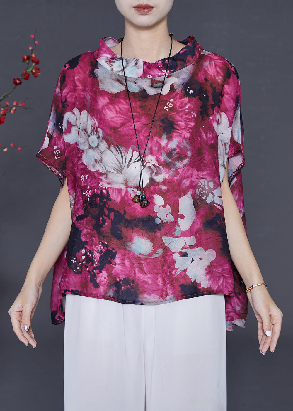 Purple Stand Collar Print Chiffon Tank Tops Summer