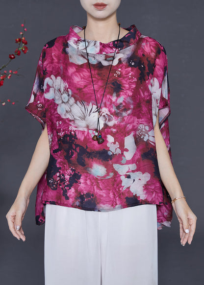 Purple Stand Collar Print Chiffon Tank Tops Summer