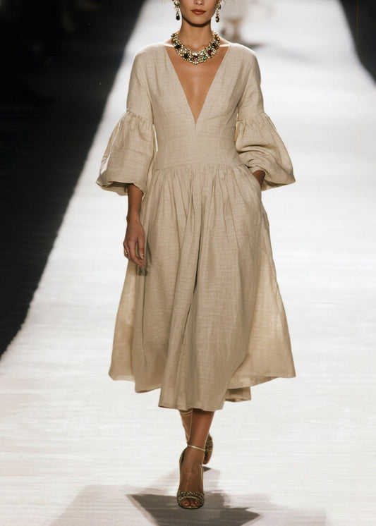 V Neck Wrinkled Patchwork Cotton Dress Fall