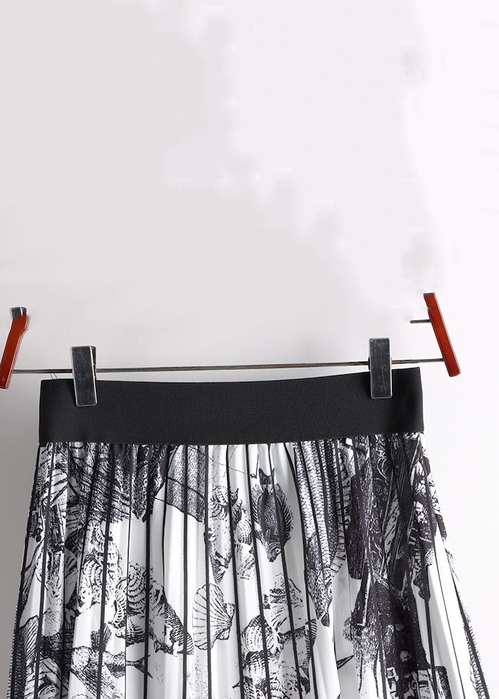 Loose Black Print Elastic Waist Cotton Pleated Skirt Spring