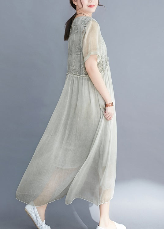 Lake Green Loose Silk Dresses O-neck Ruffled Short Sleeve