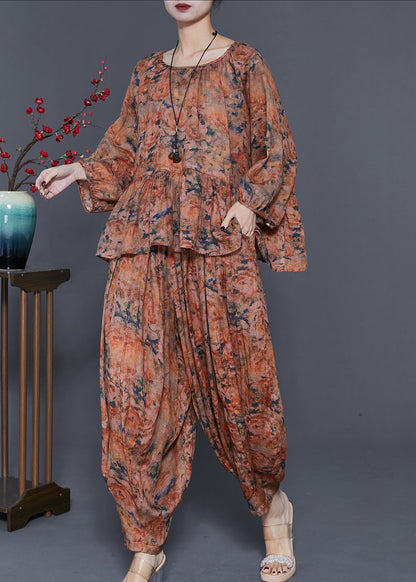 Handmade Coffee Oversized Print Linen Two-piece Set Spring