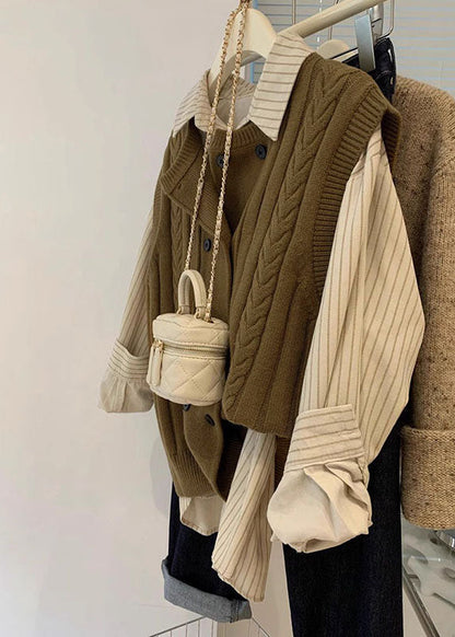 Italian Brown Button Cable Knit Waistcoat and Shirts Two Pieces Set Fall