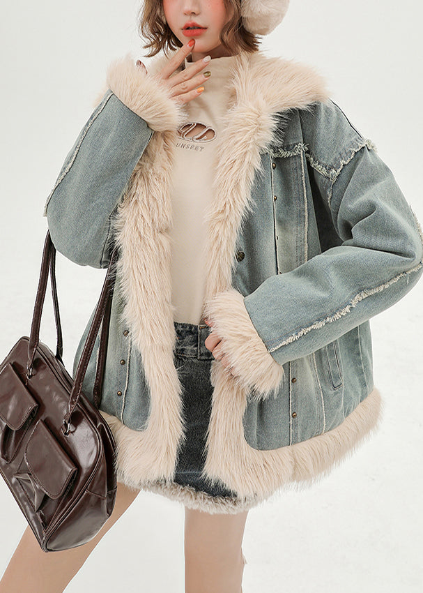 Oversized Patchwork Faux Fur Fine Cotton Filled Denim Coats Winter