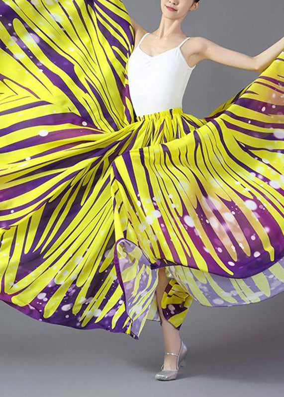 Yellow Striped Elastic Waist Chiffon a Line Skirts Summer