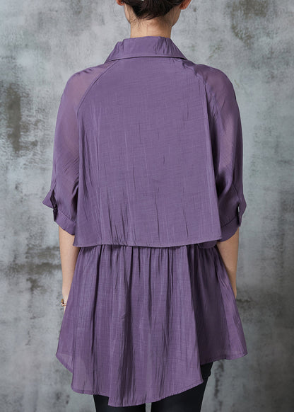 Purple Cinched Pockets Cotton Blouse Tops Summer