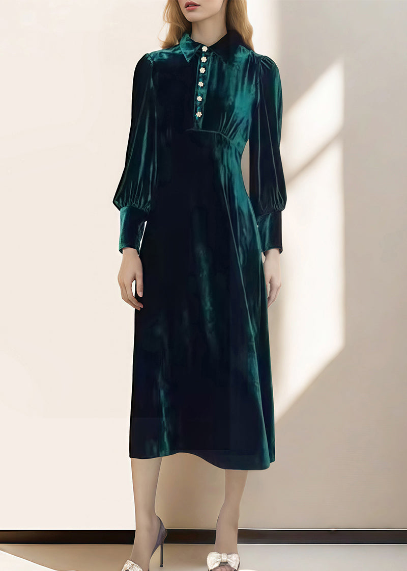 French Green Peter Pan Collar Velour Dresses Fall