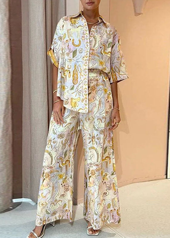 Print Shirts and Wide Leg Pants Two Pieces Set Summer