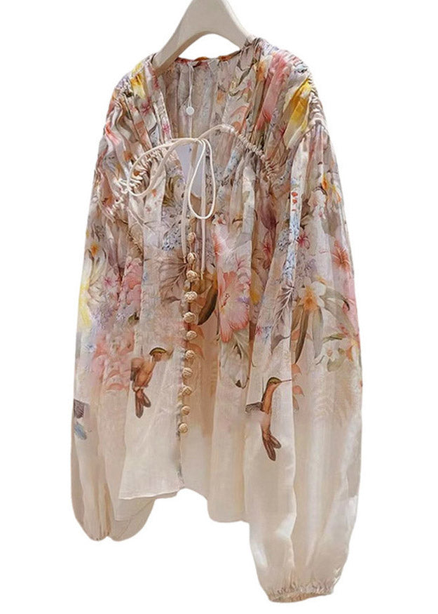 Print Wrinkled Tie Linen Shirts Spring