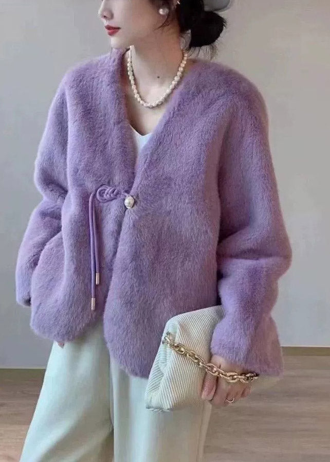 Purple V Neck Tassel Faux Fur Short Jacket Winter