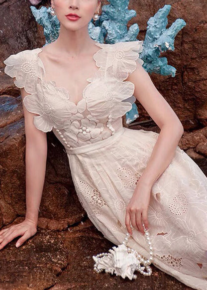 Apricot V Neck Hollow Out Cotton Dresses Sleeveless