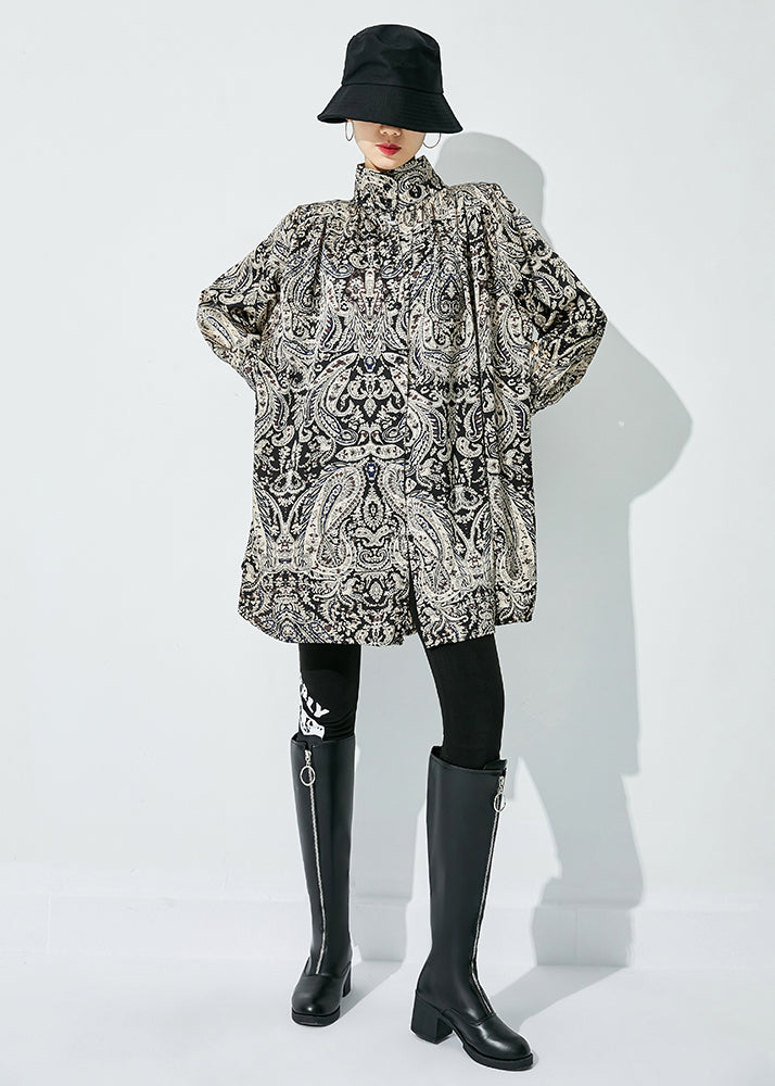 Black Stand Collar Print Chiffon Shirts Spring