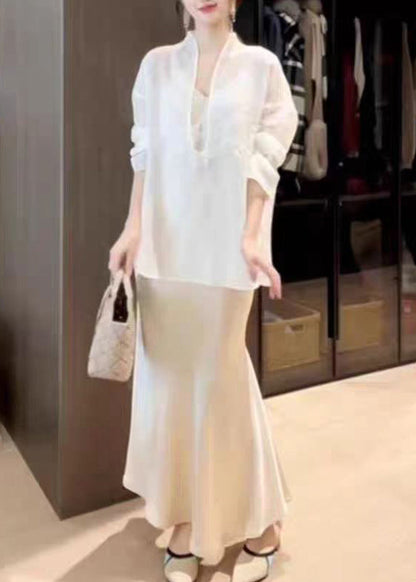 White Top and Skirts Silk Two Piece Suit Set Spring
