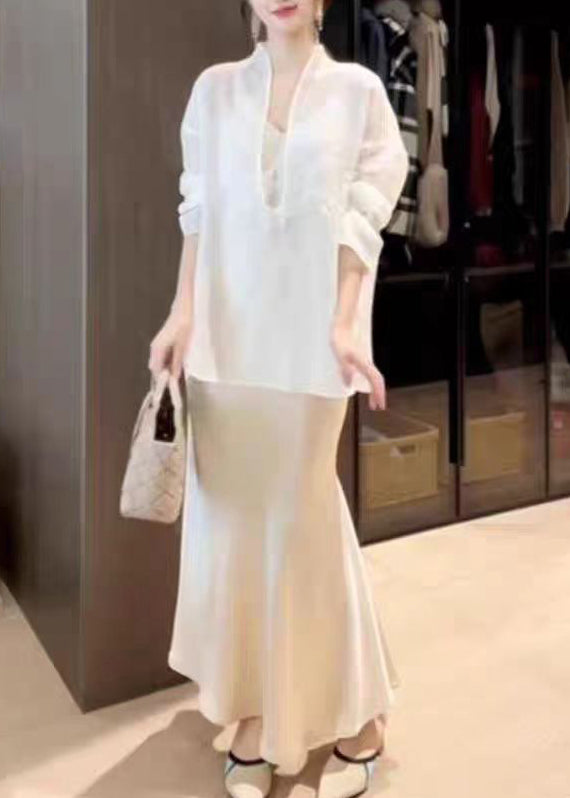 White Top and Skirts Silk Two Piece Suit Set Spring