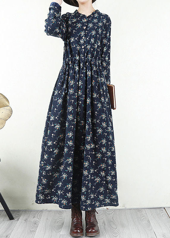 Red O-neck Cinched Print Warm Fleece Long Dresses Long Sleeve
