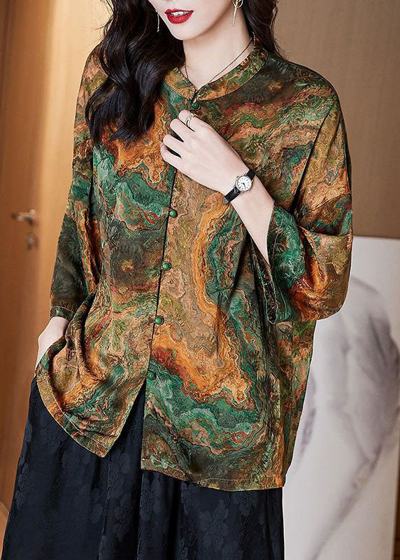 Brown Stand Collar Button Print Patchwork Silk Blouse Top Summer