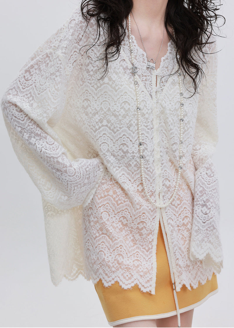 French White Oversized Lace Upf 50+ Shirt Top Spring