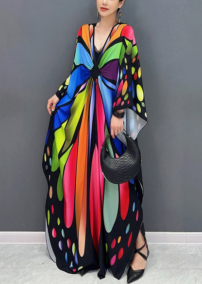 Colorblock V Neck Print Cotton Maxi Dresses Batwing Sleeve