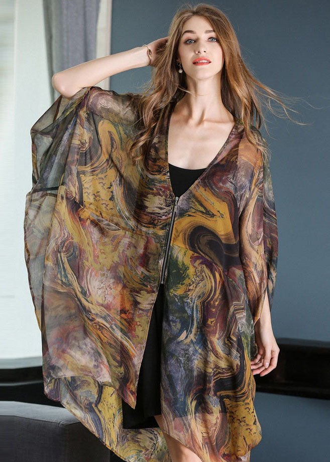 Khaki Oversized Print Chiffon Upf 50+ Coat Jacket Batwing Sleeve