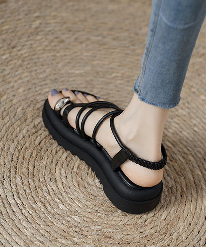 Splicing Platform Sandals Black Cowhide Leather Peep Toe