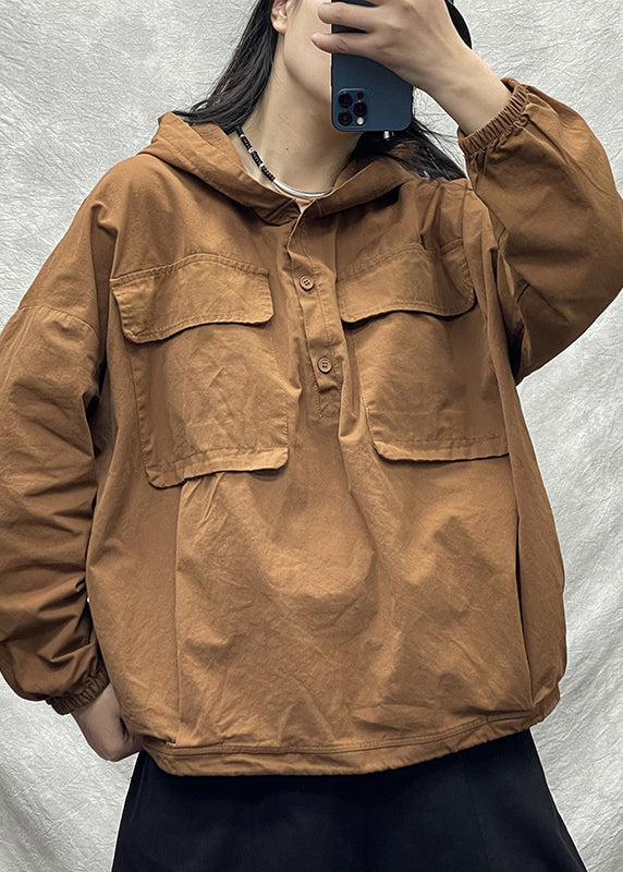 Black Button Hooded Pocket Cotton Loose Sweatshirts Top Long Sleeve