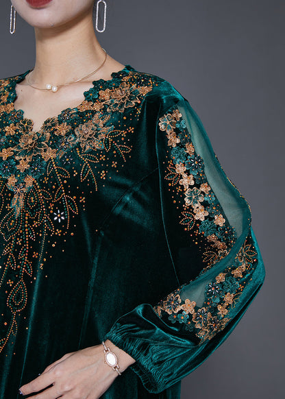 Green Embroideried Hollow Out Silk Velour Dress Fall