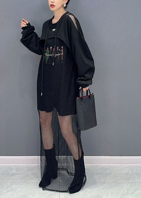 Style Black O-neck Print Tulle Patchwork Fake Two Pieces Long Dresses Fall