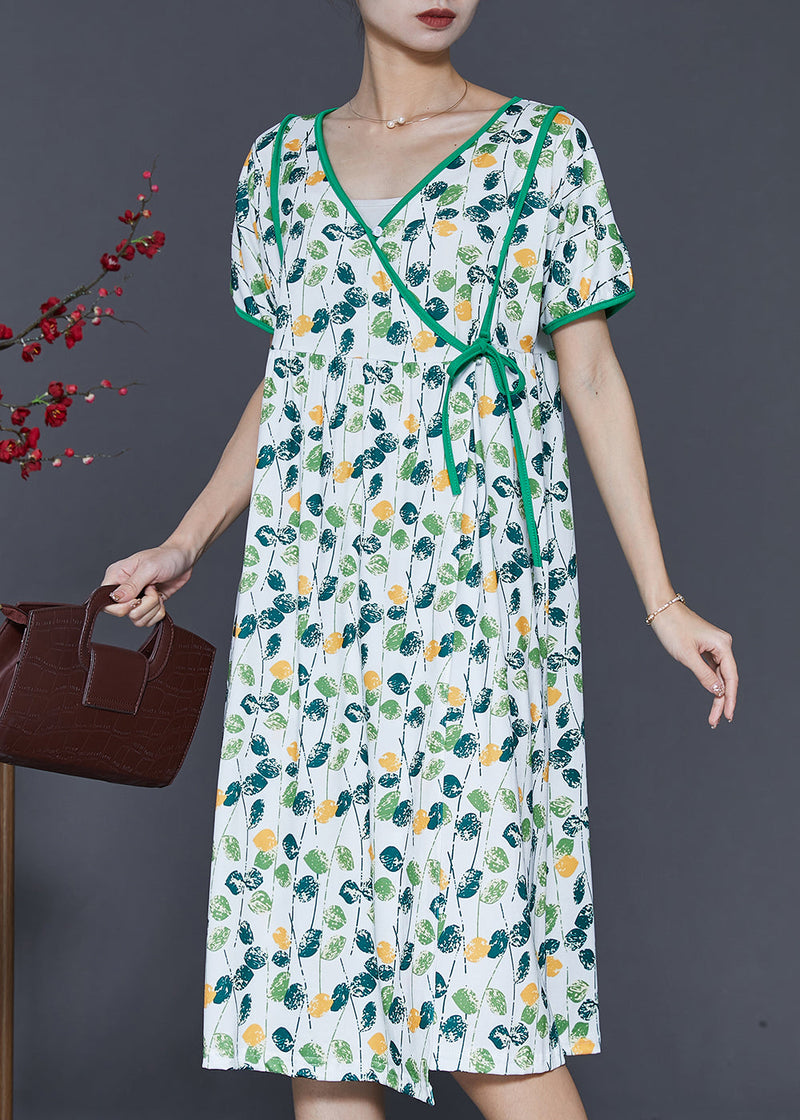 Green V Neck Print Cotton Dresses Summer
