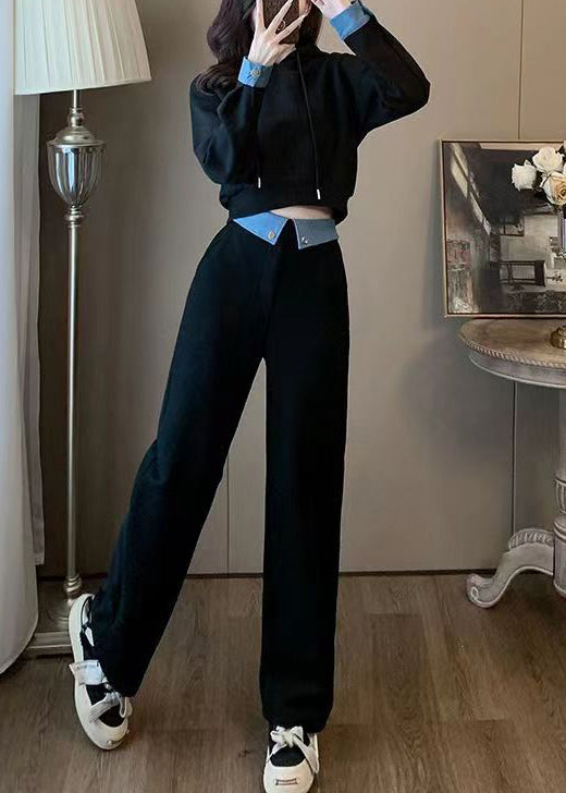 French Black Hooded Lace Up Cotton Two-piece Set Long Sleeve