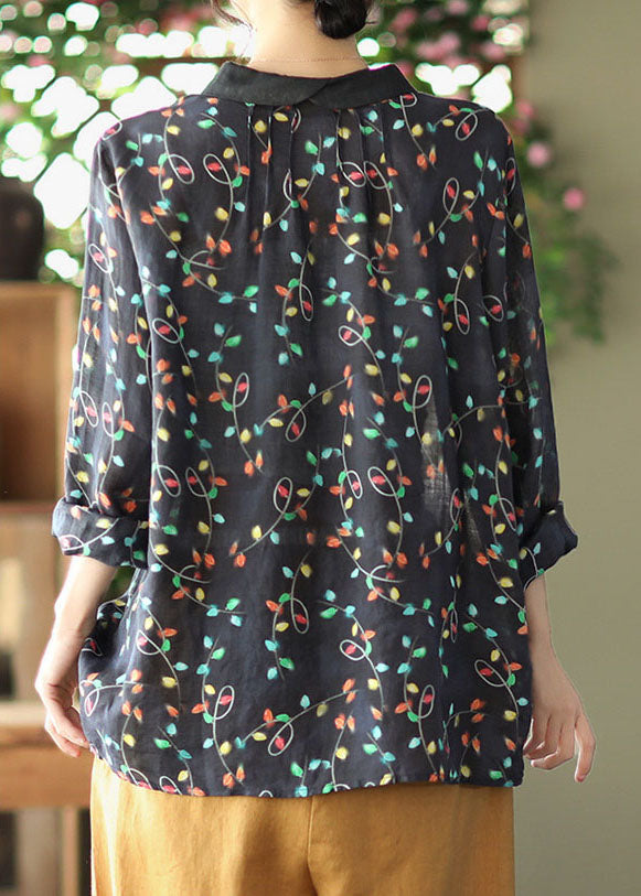 Black Ramie Loose Blouse Top Peter Pan Collar Long Sleeve