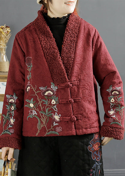 Retro Purple Embroideried Faux Fur Patchwork Fine Cotton Filled Jackets Winter