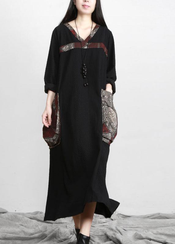 Black V Neck Patchwork Print Pockets Dress Fall