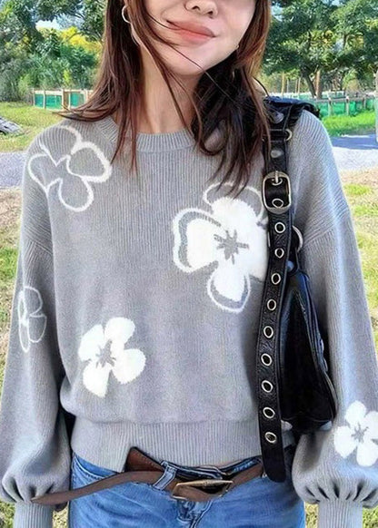 Loose Grey O Neck Knit Sweaters Lantern Sleeve