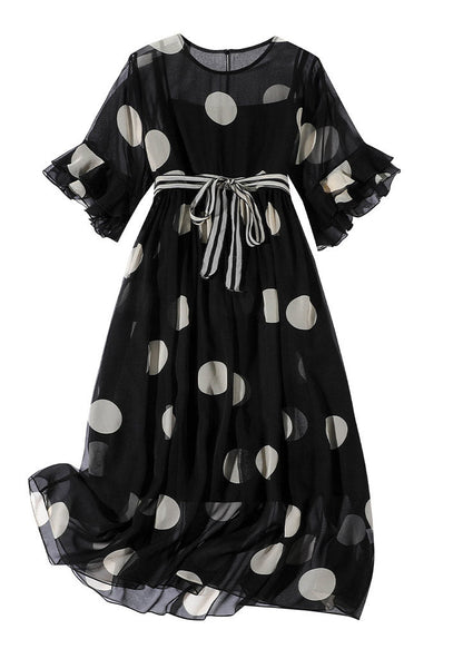 French Black O-neck Dot Print Silk Dress Two Pieces Set Flare Sleeve