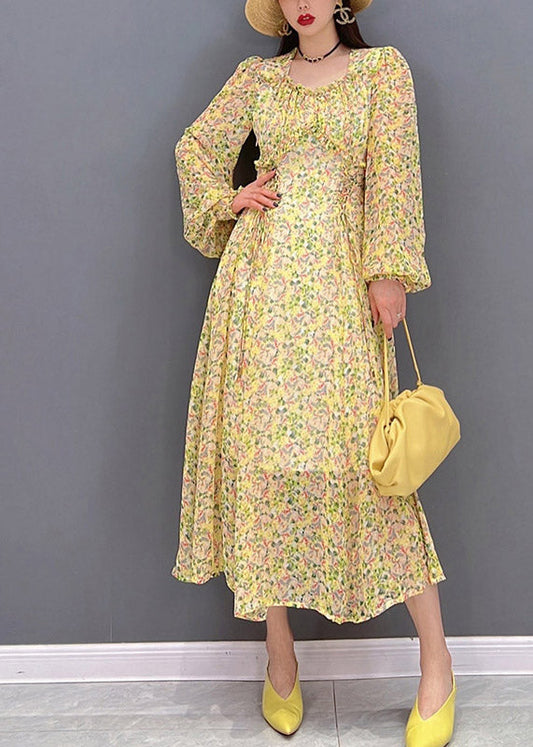 Yellow O-neck Print Wrinkled Chiffon Long Dress Long Sleeve