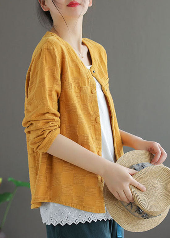 Modern Yellow Button O-neck Jacquard Coats Long Sleeve