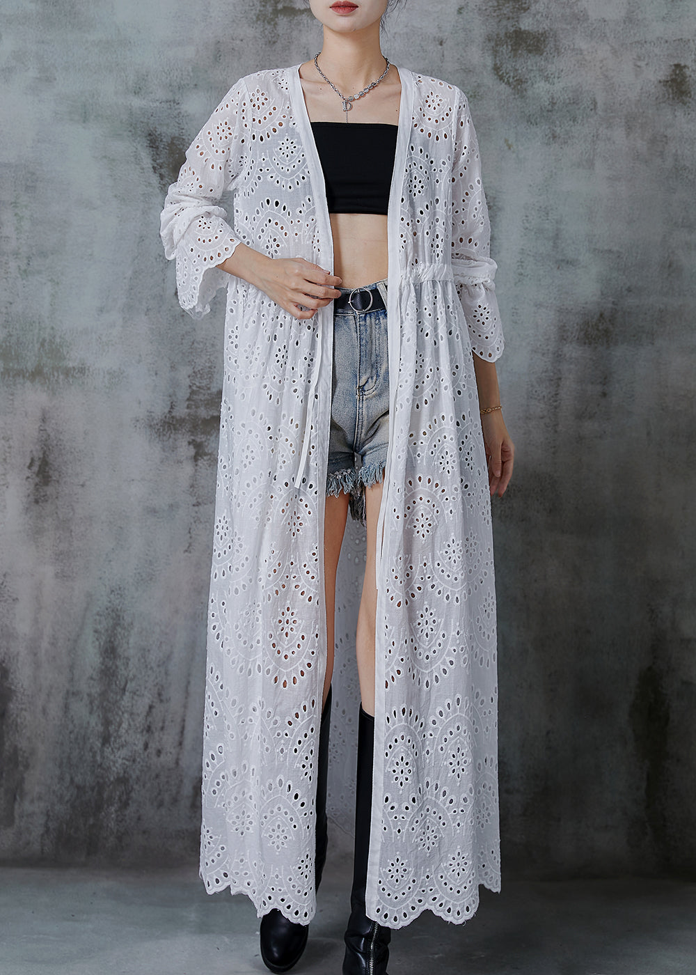 White Cinched Hollow Out Cotton Long Cardigans Fall