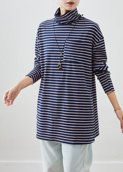 Blue Turtle Neck Striped Cotton Shirt Top Fall
