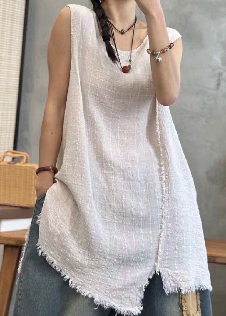 Light Khaki Asymmetrical Linen Waistcoat Sleeveless