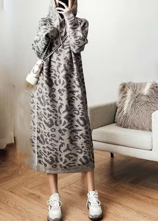 Grey Leopard Cozy Hoodie Knit Sweater Dress Fall