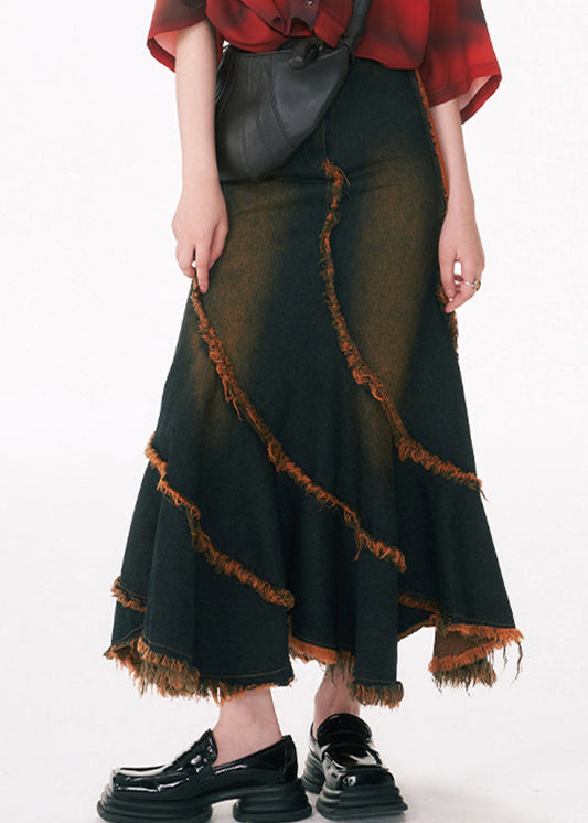 Slim Fit Blue Asymmetrical Tasseled Patchwork Denim Skirt Spring
