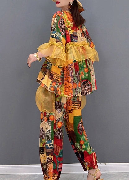 French O-neck Ruffled Tulle Patchwork Chiffon Tops and Pants Two Piece Set Summer