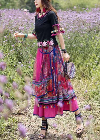 Novelty Black Embroideried Tulle Top and Skirts Two Piece Set Summer