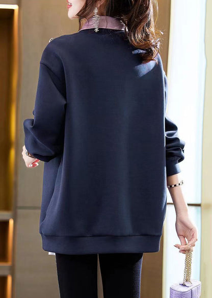 Navy Button Patchwork False Two Pieces Cotton Top Long Sleeve