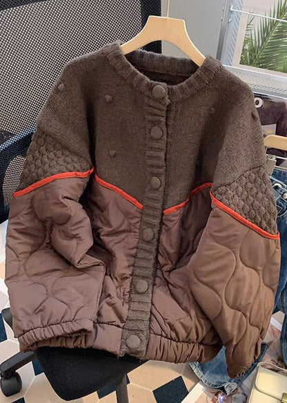French Beige Button Patchwork Thick Knitted Cotton Coat Long Sleeve