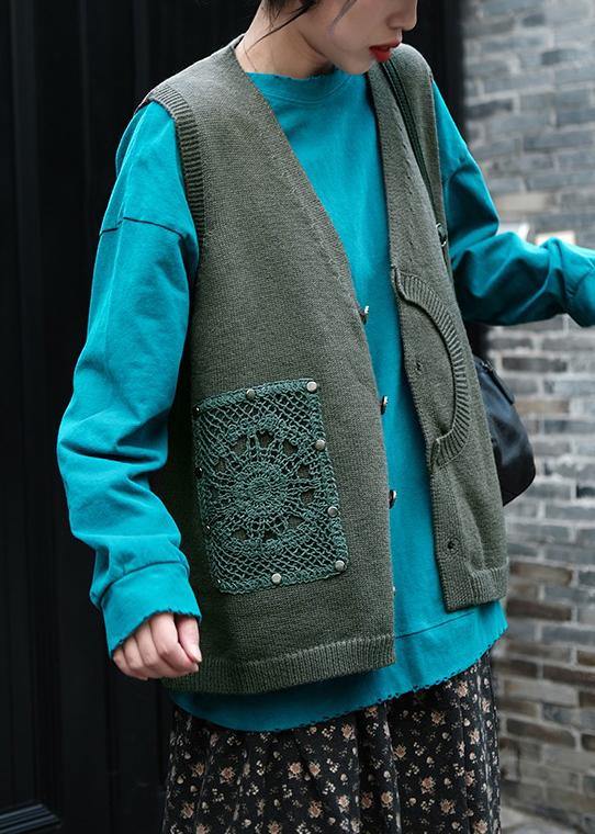 Aesthetic Green V Neck Button Down Sweaters