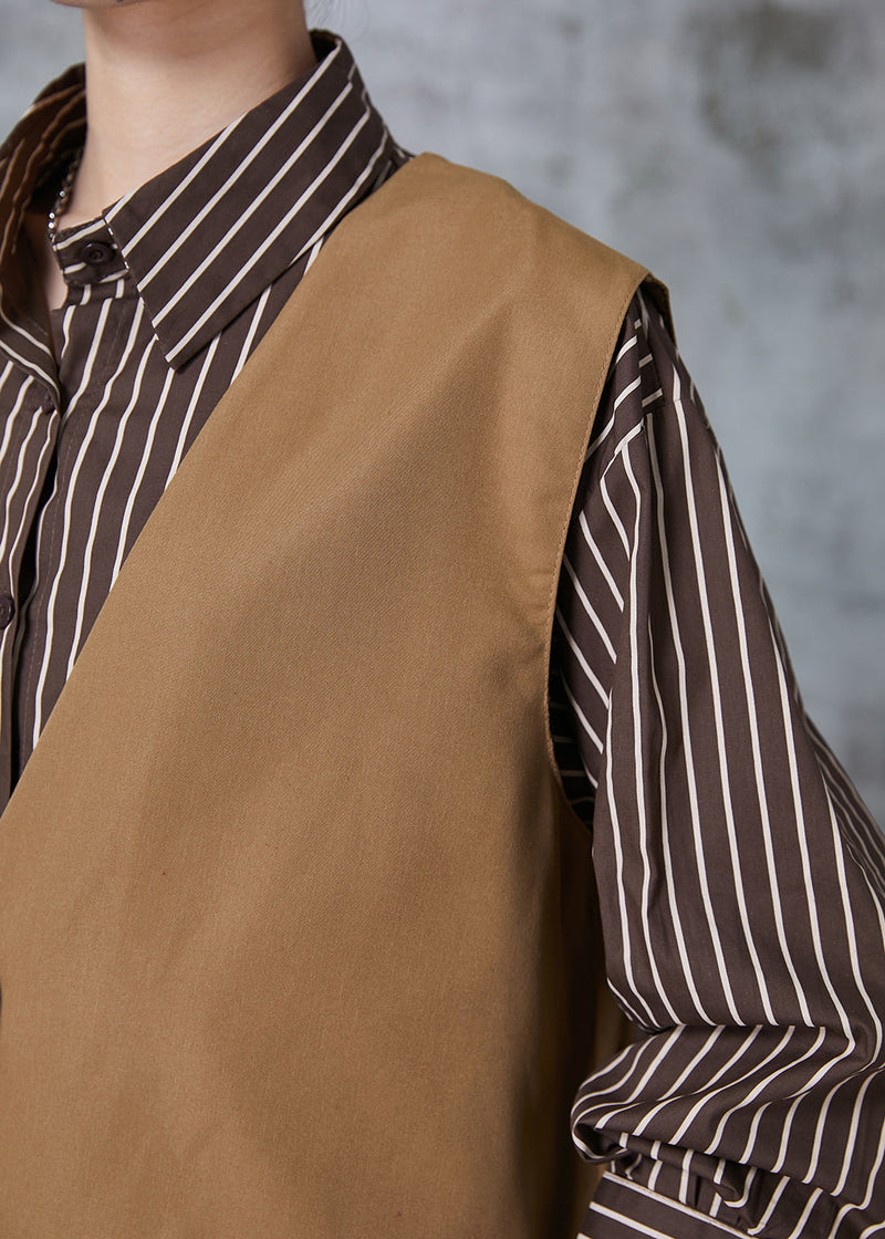 Brown Oversized Striped Cotton Two Piece Set Fall