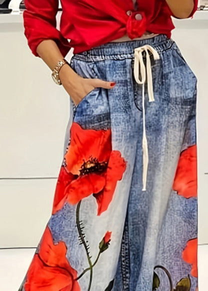 Blue Print Elastic Waist Pockets Wide Leg Jeans Summer