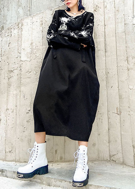 Black O-neck Print Patchwork Sweatshirt Dresses Spring
