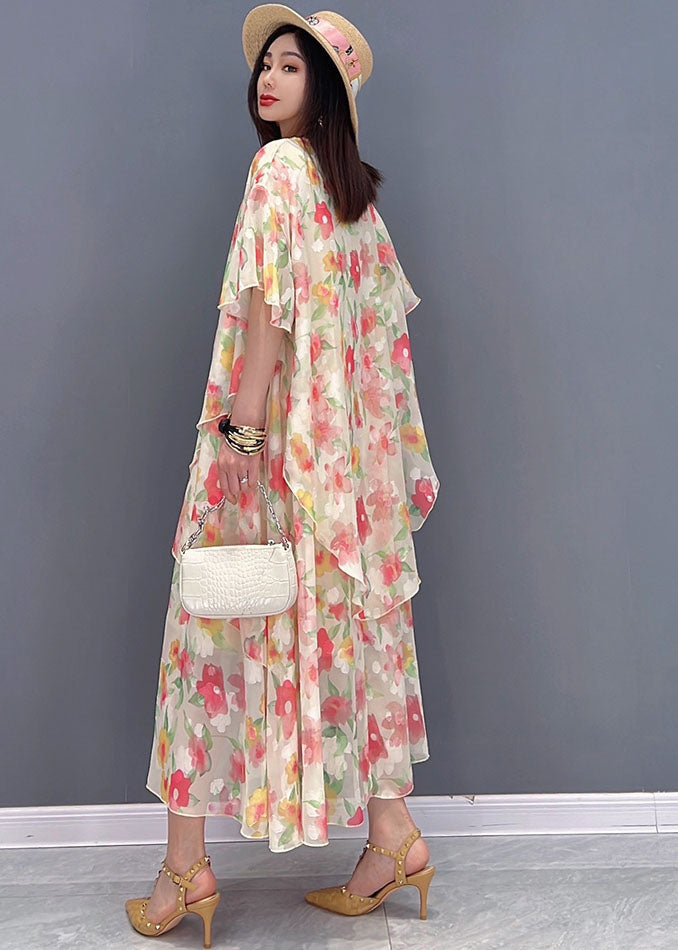 Pink V Neck Asymmetrical Design Print Chiffon Beach Dresses Short Sleeve